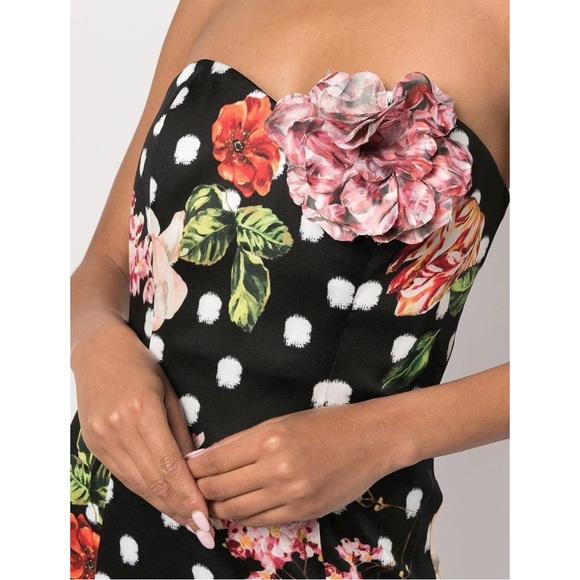 Marchessa Notte Black Floral Polka Dot Strapless High Low Formal Maxi Dress Gown - Picture 4 of 11